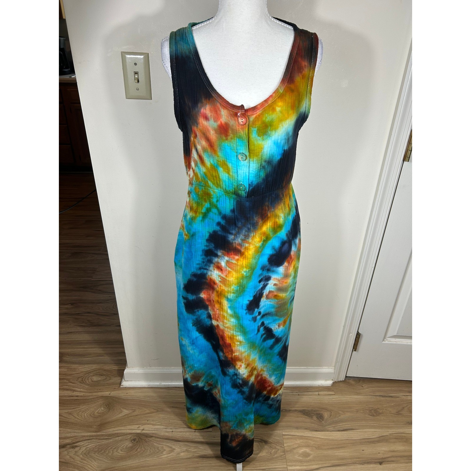Tie Dye Maxi Dress Size M Blue Orange Boho Festival Sleeveless Hippie Pysch Rock