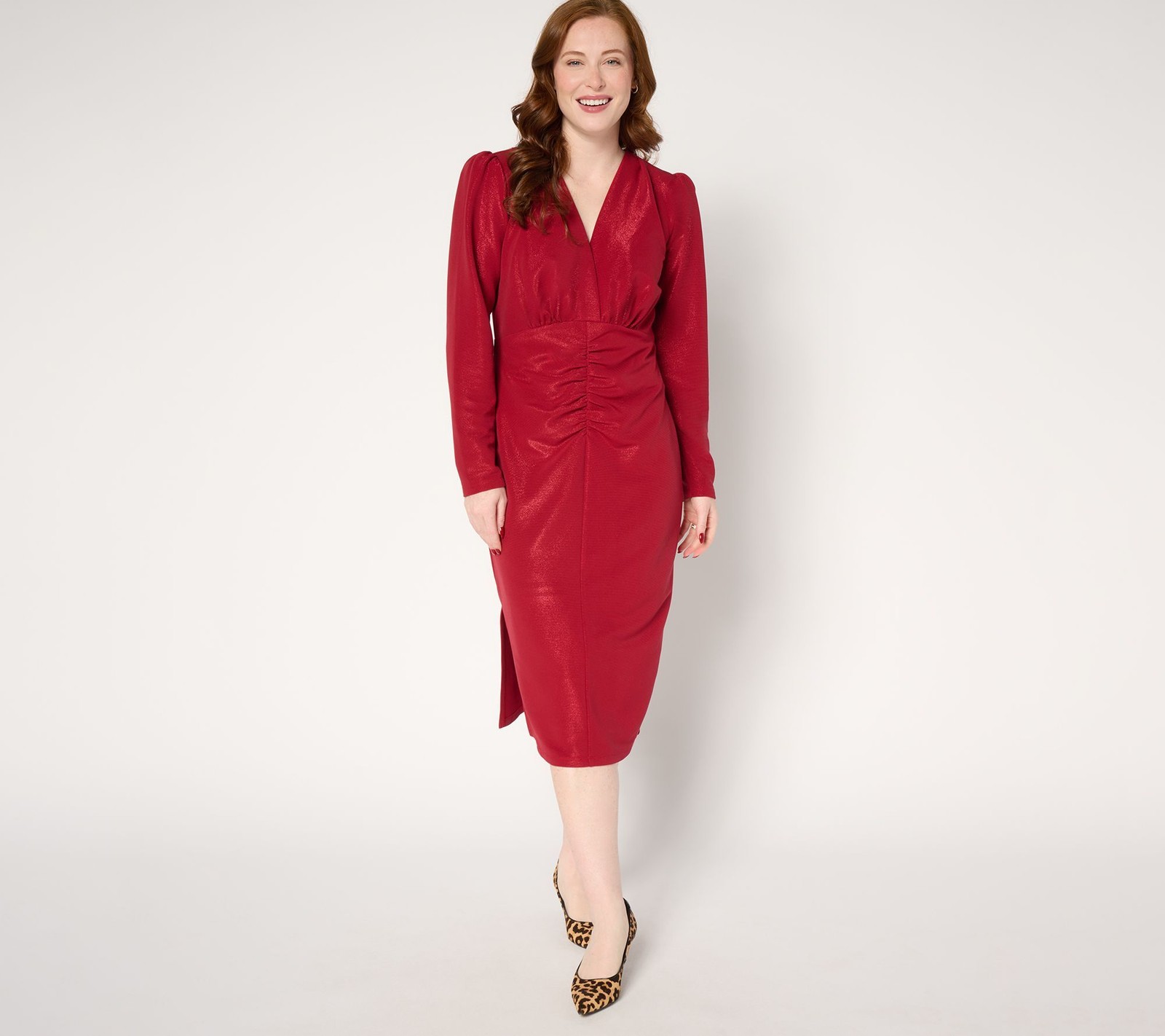 Dennis Basso Women’s Plus Sz Dress 2X Foil Print Italia Knit Ruching Red A667618