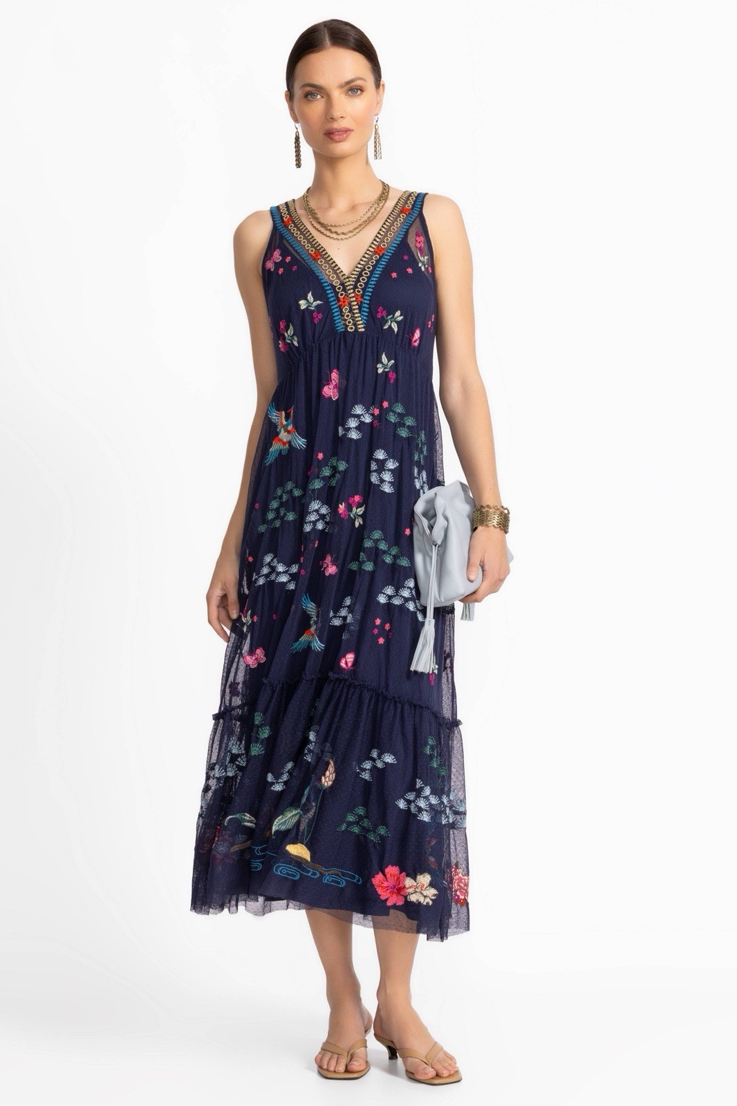 NWT $425 Johnny Was blue nights Zinoviah Mesh Dress & Slip embroidered floral S