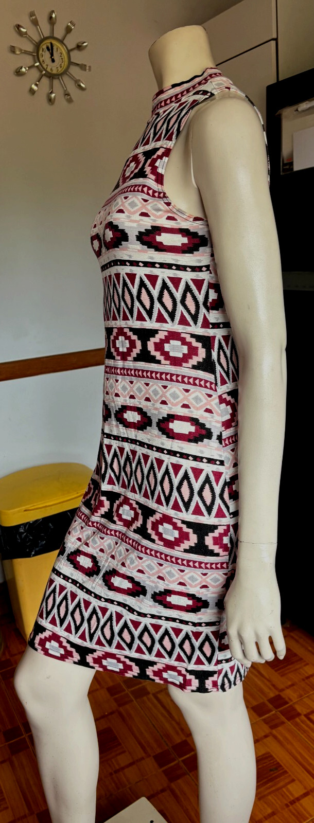 VGC Ladies IZABEL London All Over CLARET & PINK GEOMETRIC Print Bodycon Dress 10