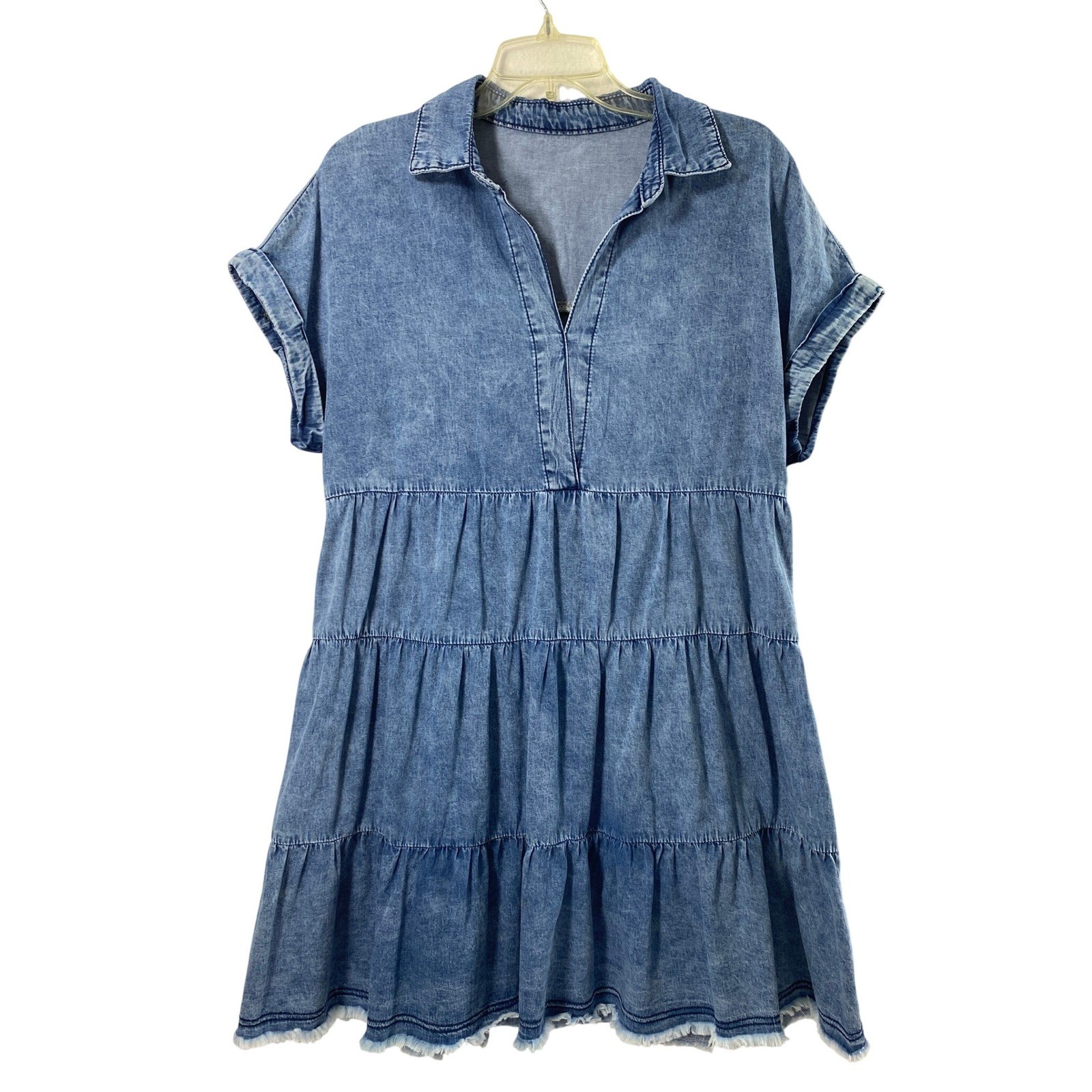 Women Denim Dress Size M Blue Babydoll Cowgirl Tiered Raw Hem Western Concert