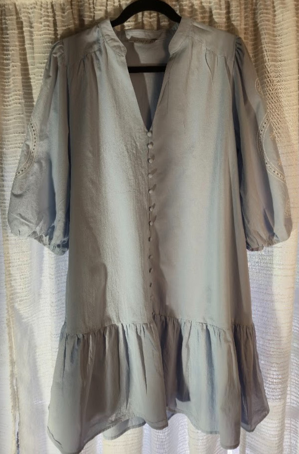 Basement Cottagecore Boho Peasant Dress Blue Button Front Ruffle Hem Mini Sz MED