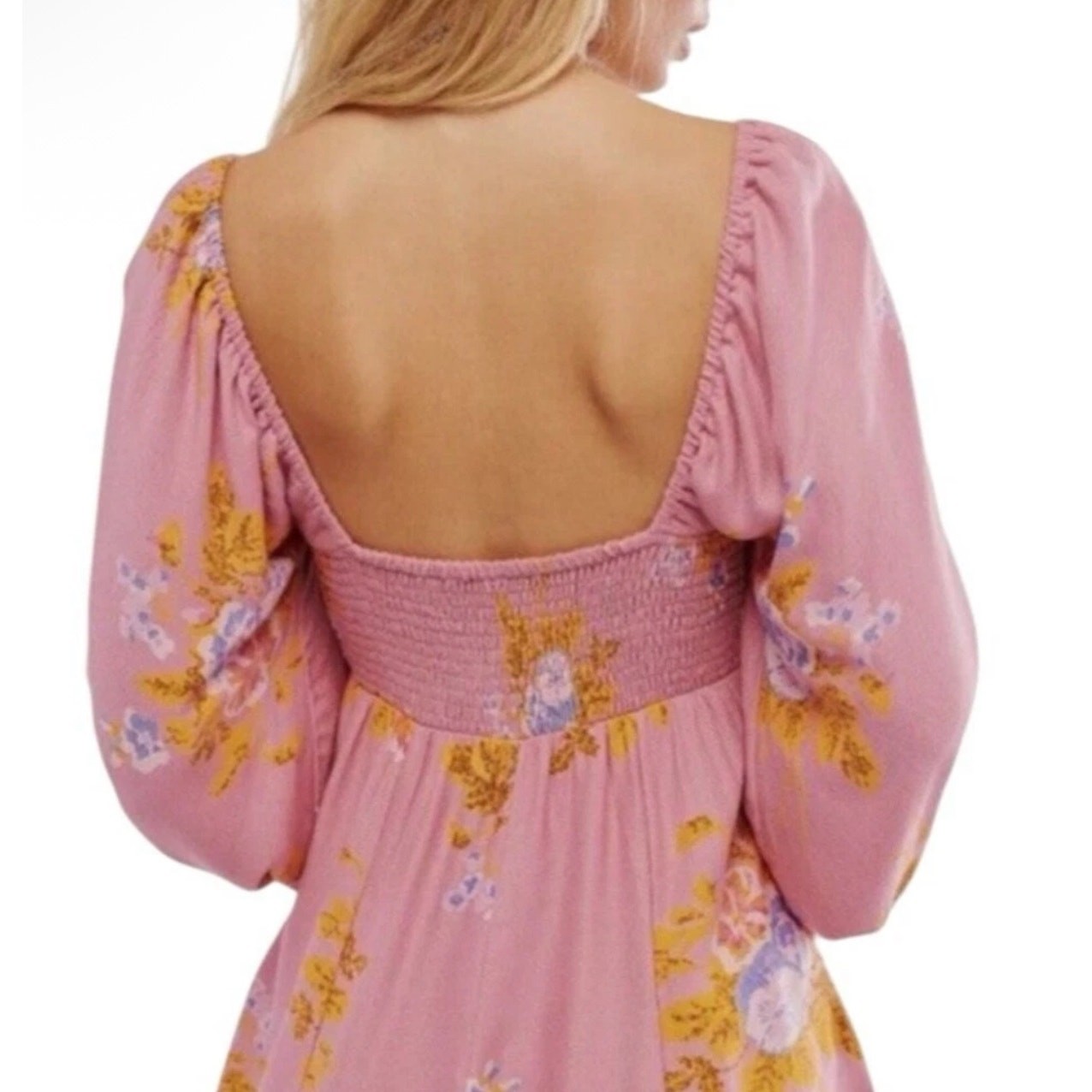 Free People Francesca Floral Puff Long Sleeves Mini Dress Rose Pink Size Large
