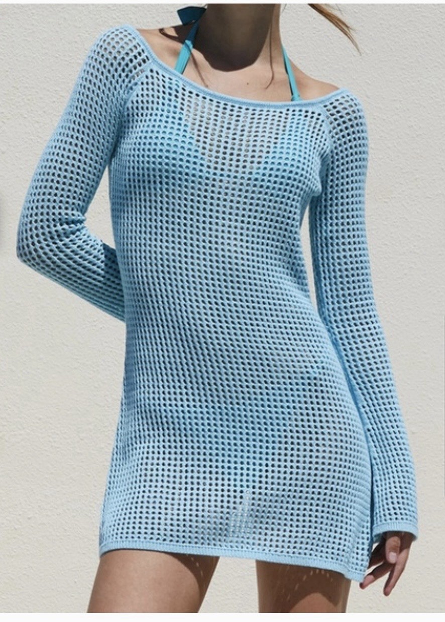 Pacsun LA Hearts Crochet Blue Long Sleeve Coverup Dress S NWOT