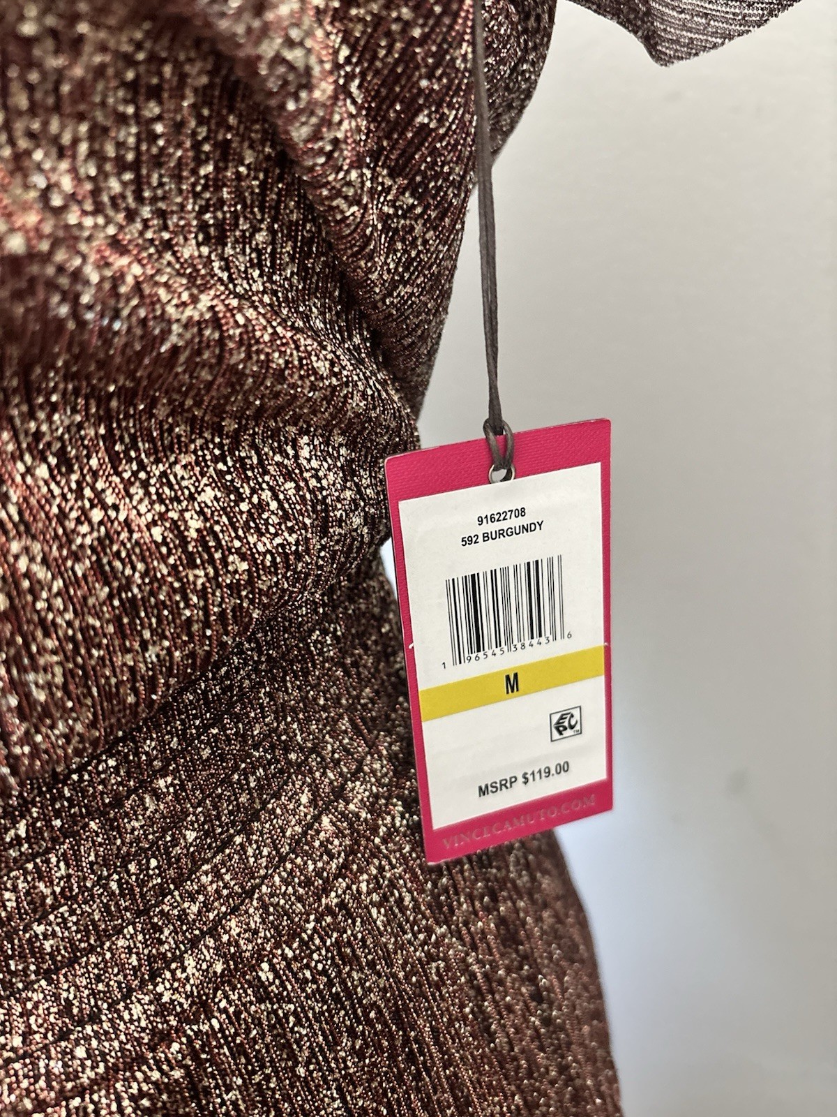 Vince Camuto Burgundy Metallic Knit Pleated V-Neck Flutter Sleeve Midi Dress M