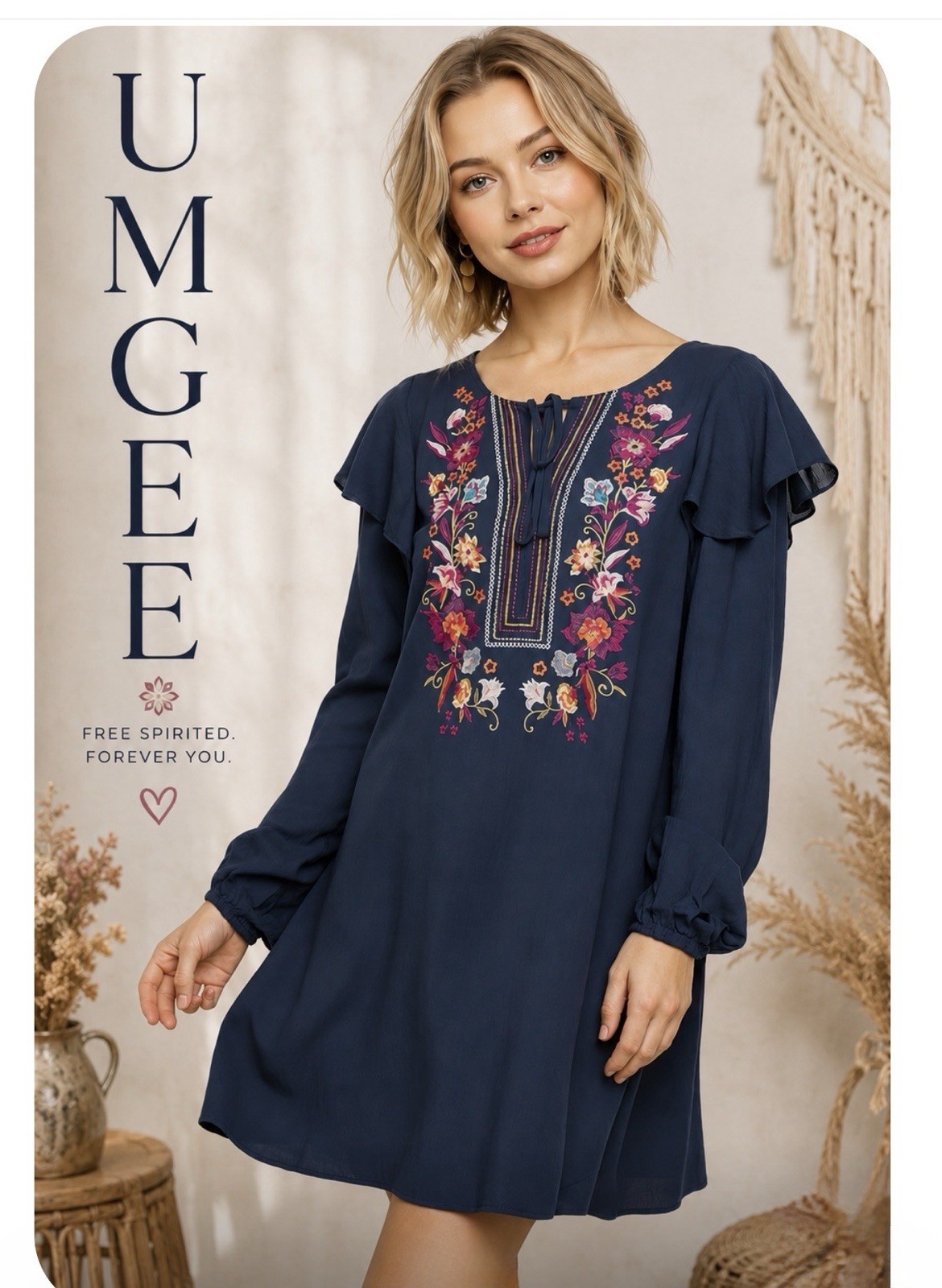 S UMGEE BOUTIQUE NAVY floral Embroidered Ruffle Flounce Sleeve Dress/Tunic BHCS