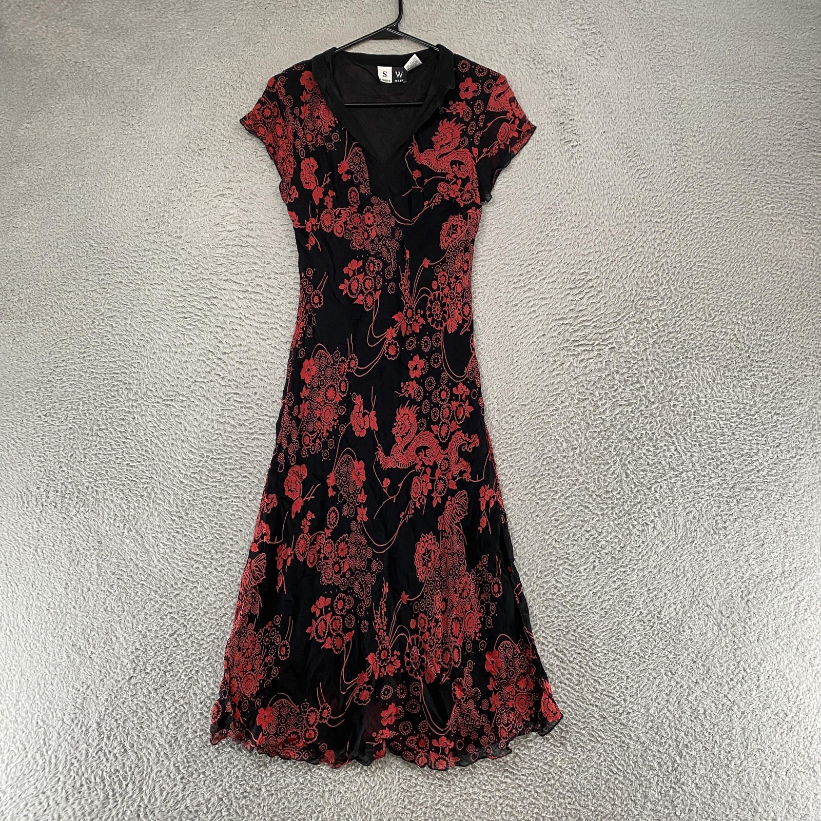 Vintage Y2K Dress Womens Small Black Dragon Floral Asian Whimsigoth Romantic