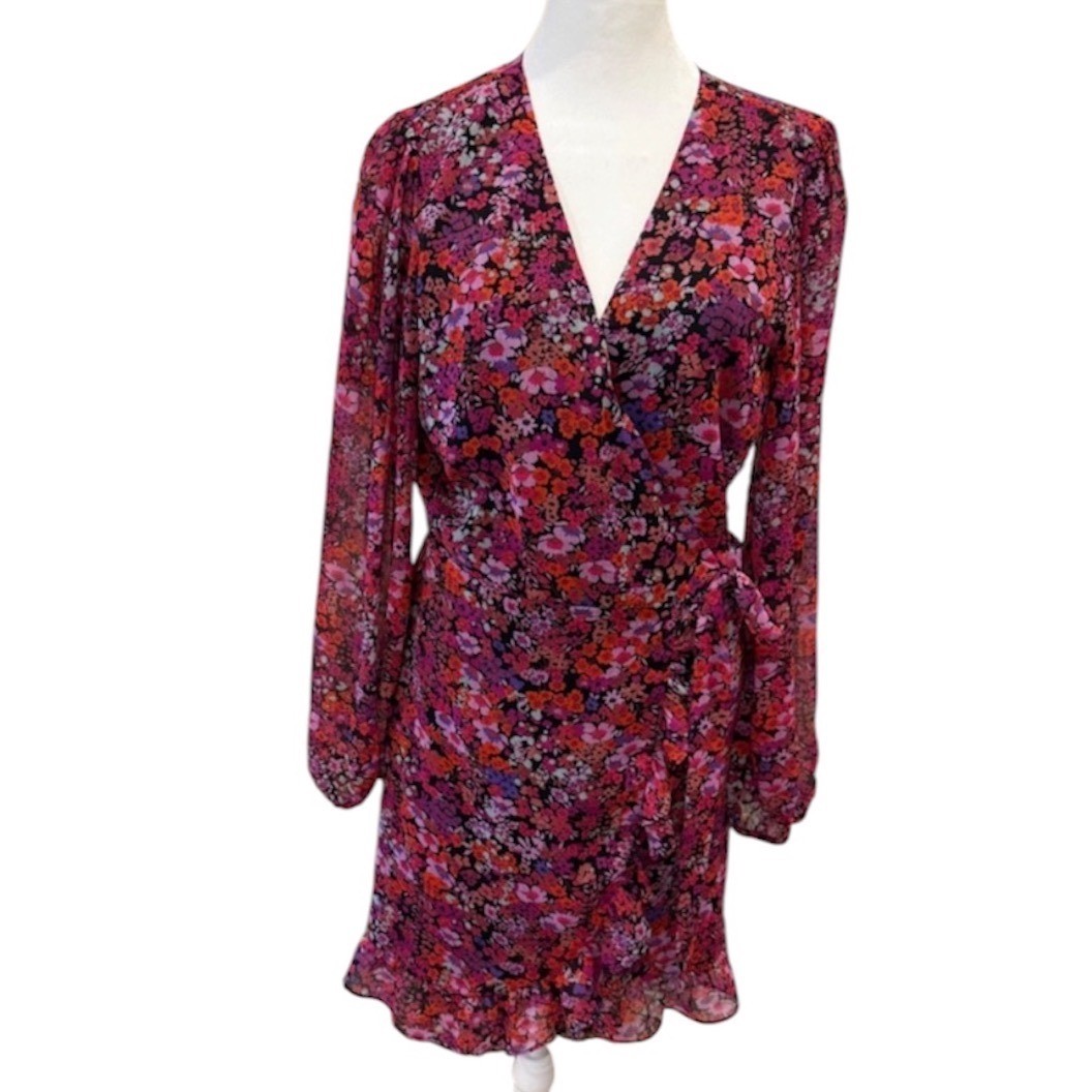 Sugarlips Pink Purple Floral Wrap Mini Dress Long Sleeve Ruffle STD13021A size M
