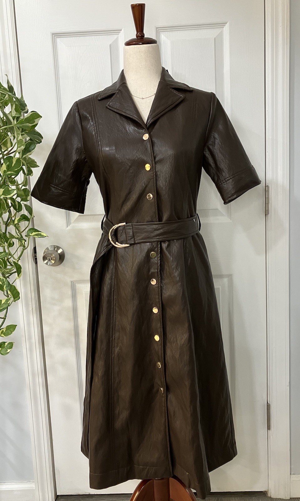 New T Tahari Espresso Vegan Leather Collared Belted Dress Gold Button/Buckle S/M