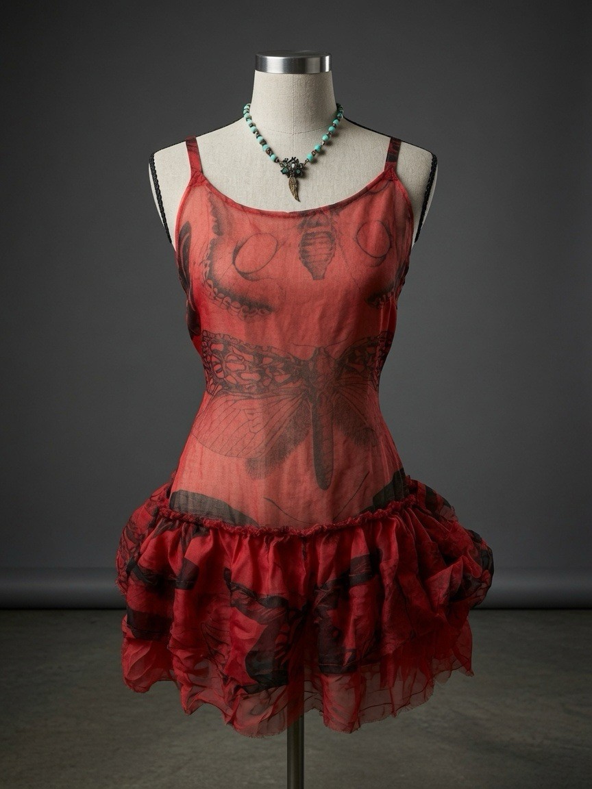 Krista Larson True Red Short Pinwheel Slip Sheer Dragonfly Print One Size