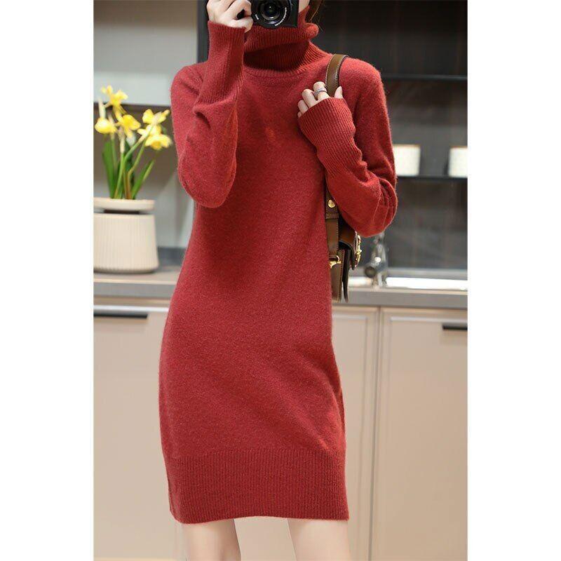 Knitted Cashmere Sweater Women Wool Turtleneck Long-Sleeve Slim Mid Length Dress