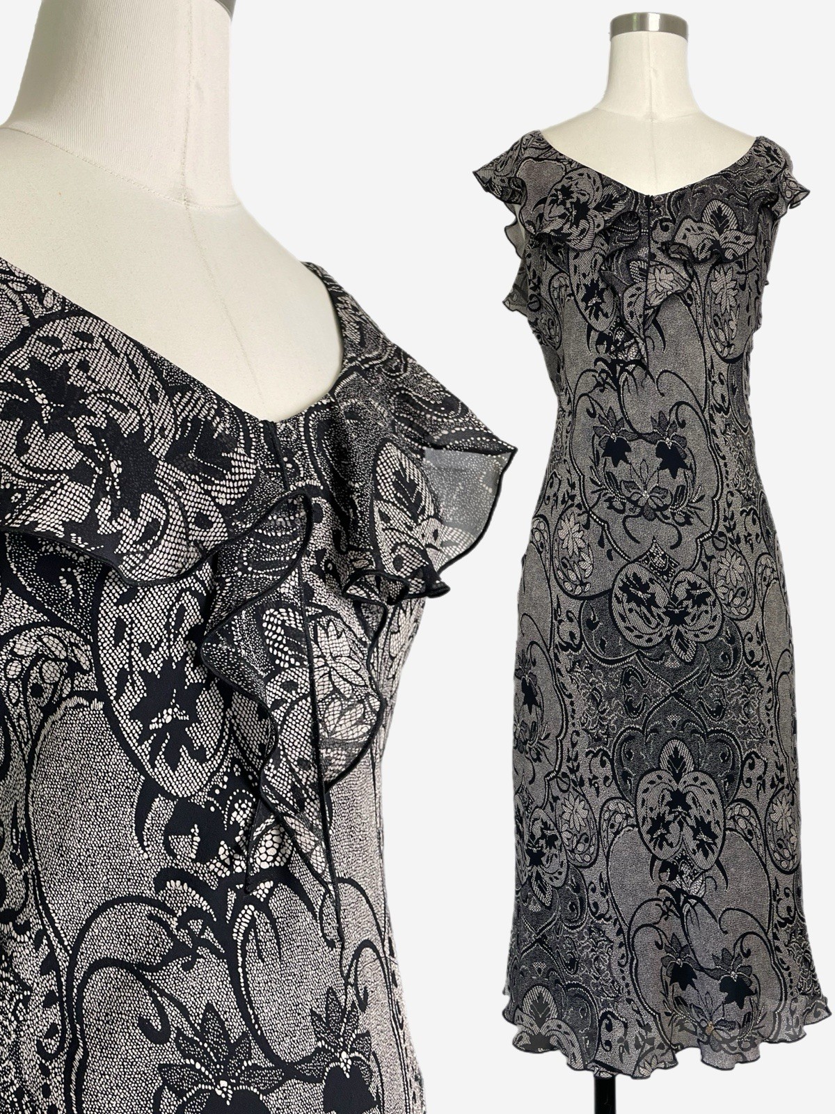 Vintage Y2K Lapis Black paisley floral lace silk midi dress fairy whimsigoth S/M