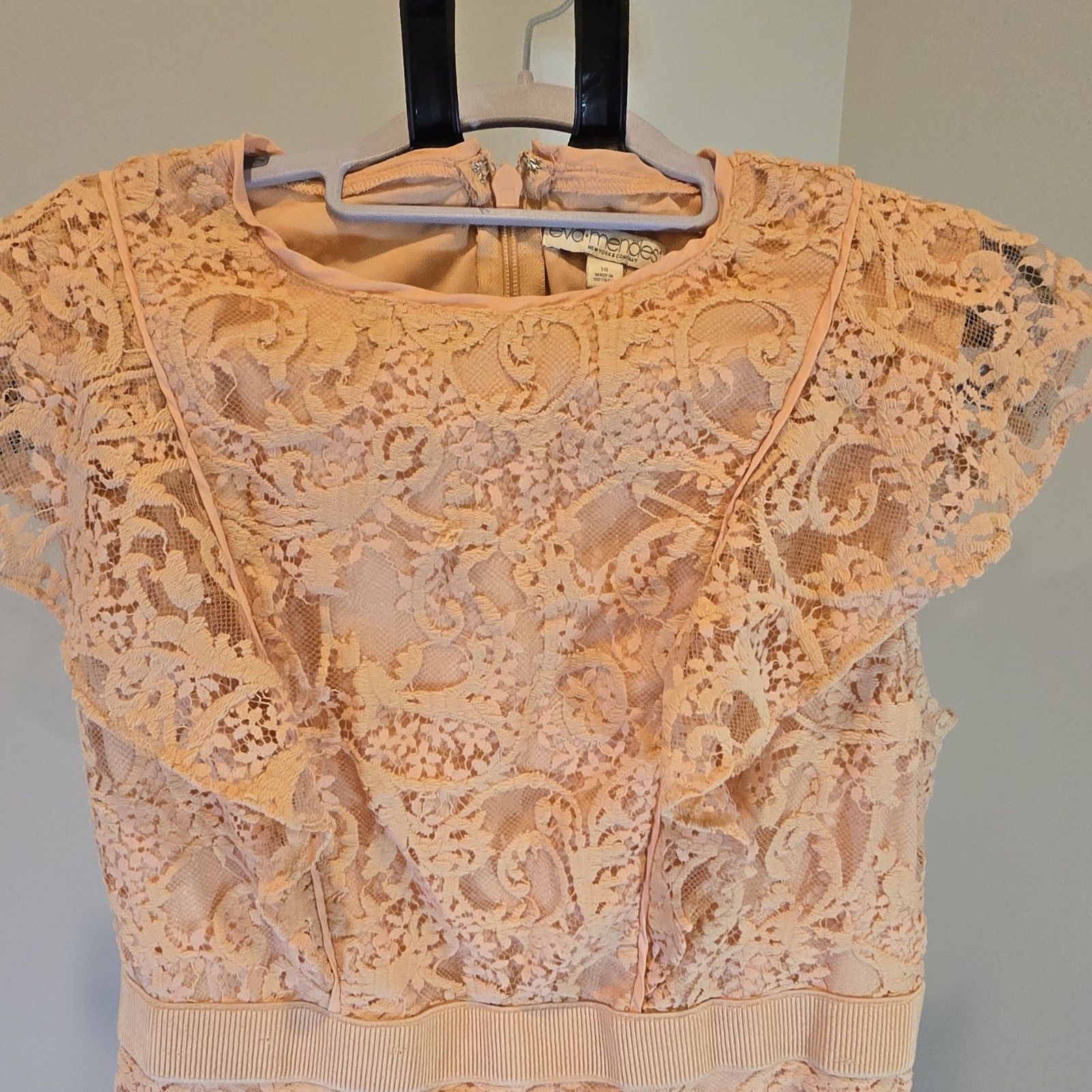Eva Mendes Women’s 16 Peach Floral Lace Sheath Dress Round Neck Cap Sleeve Knee