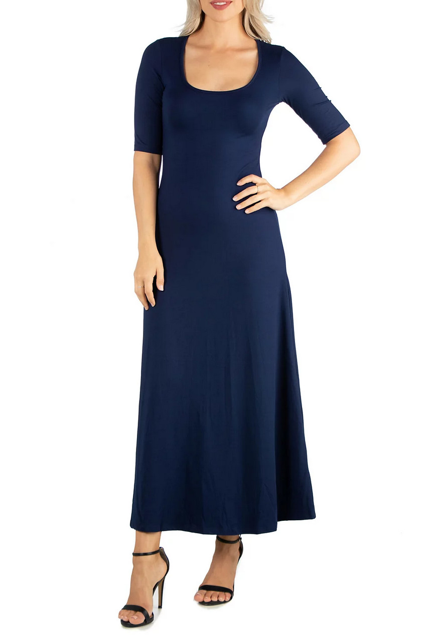 24seven Comfort Apparel Women Casual Maxi Dress Navy Size L