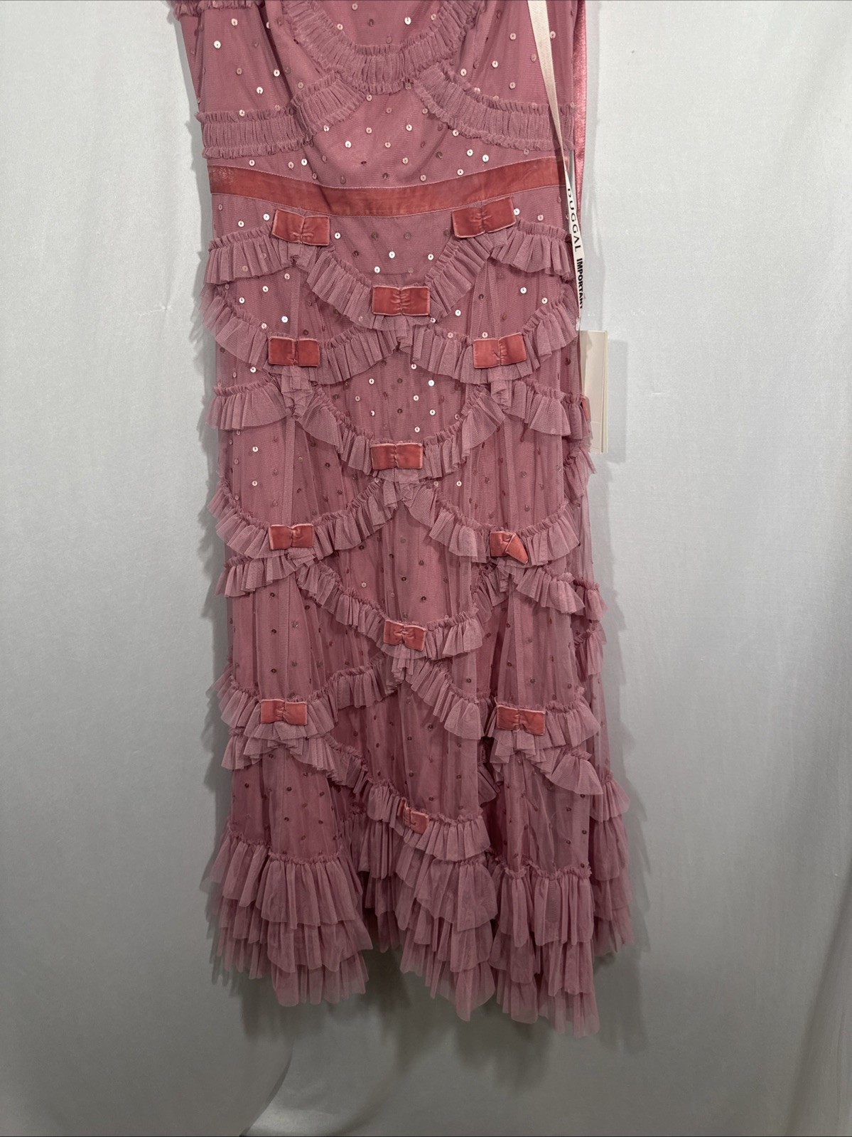 NWT Mac Duggal [ 4 ] 8272 Flutter Sleeve Lattice Bow Mesh Ruffle Mid Dress J2403