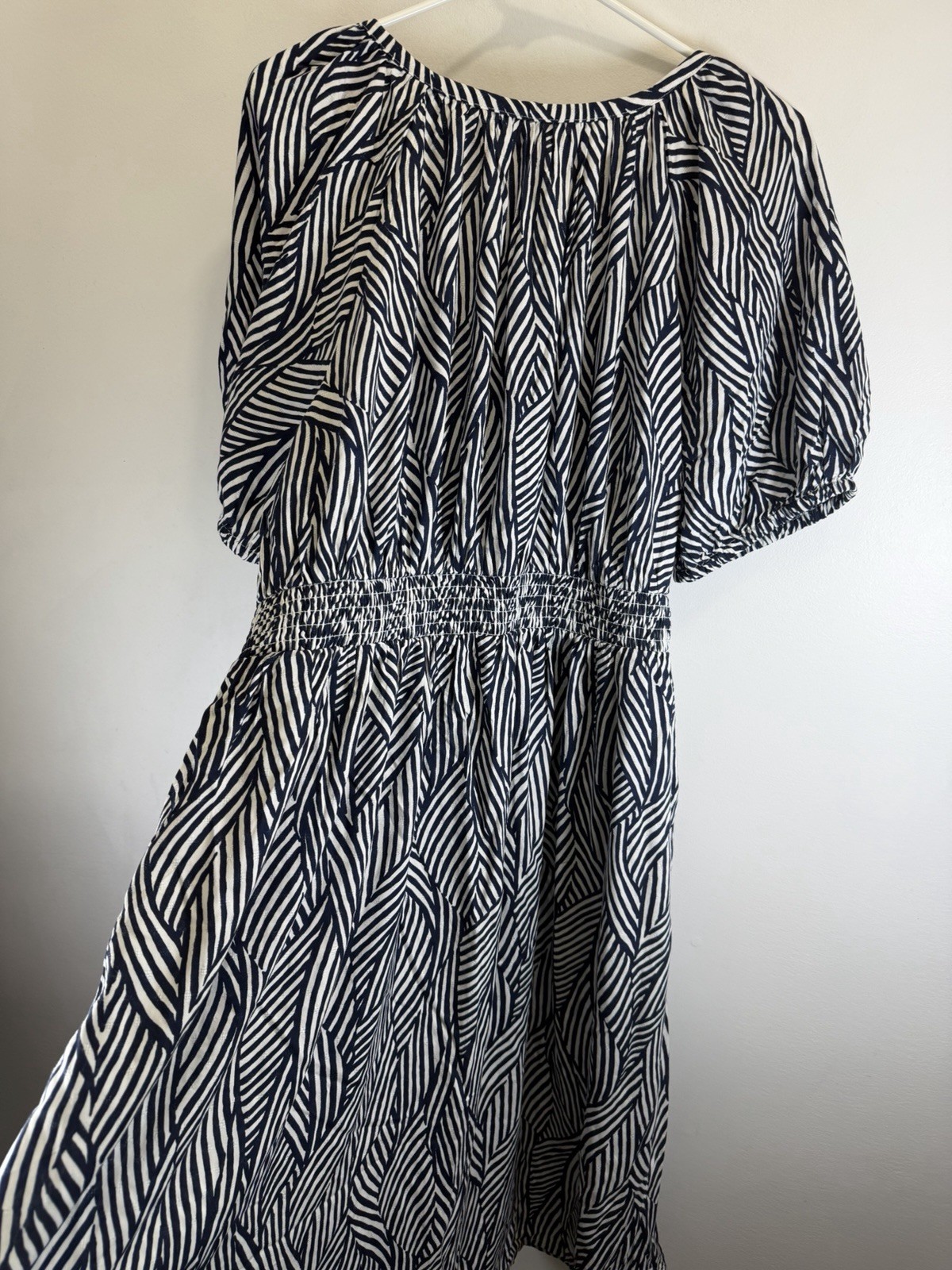 Terra & Sky Womens Dress 1X Navy Blue White Stripe Puff Sleeves Belted Midi