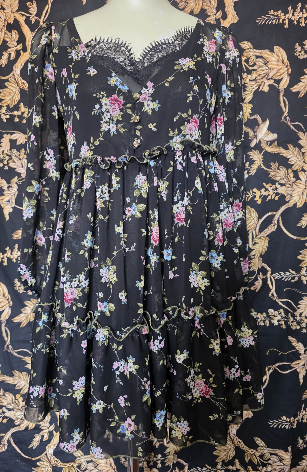 Boohoo Black Floral Lace High Neck Sheer Mini Dress Zip Closure Women