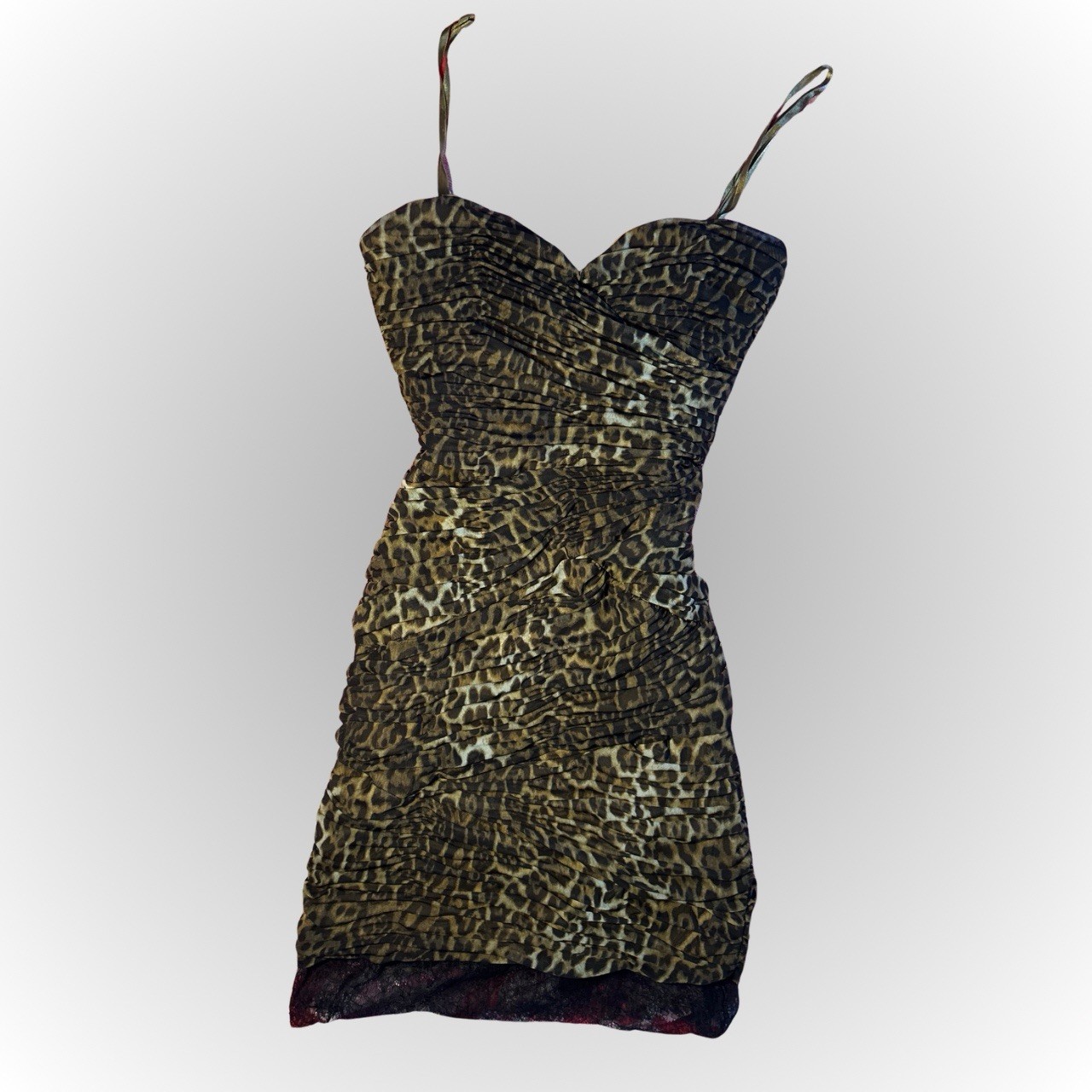 BCBGMAXAZRIA Leopard Ruched Lace Hem Strapless Bodycon Mini Dress 10