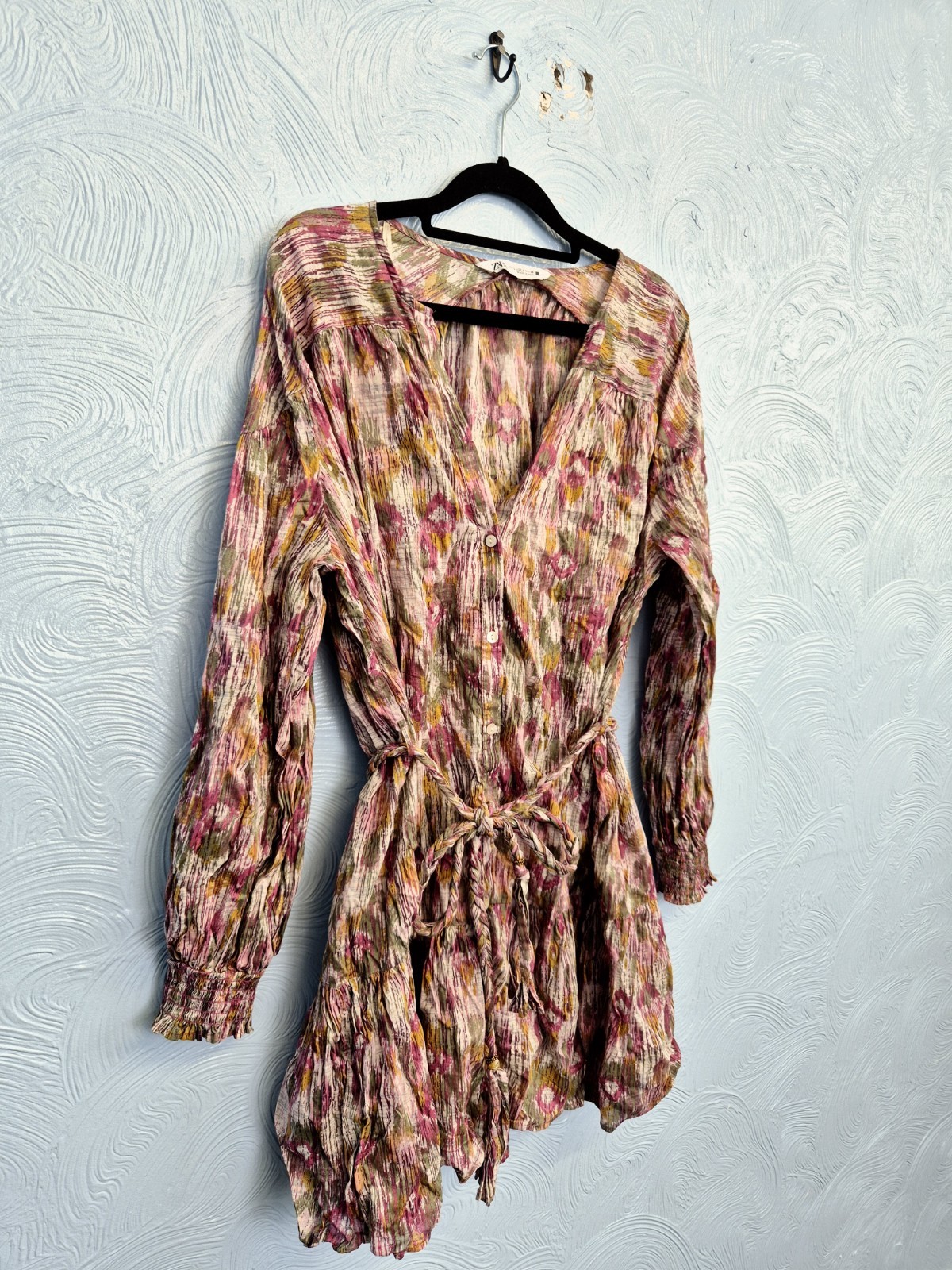 Zara Dress Size 12 Kaftan Beach Cover Up Braided Belt Tiered Boho Festival