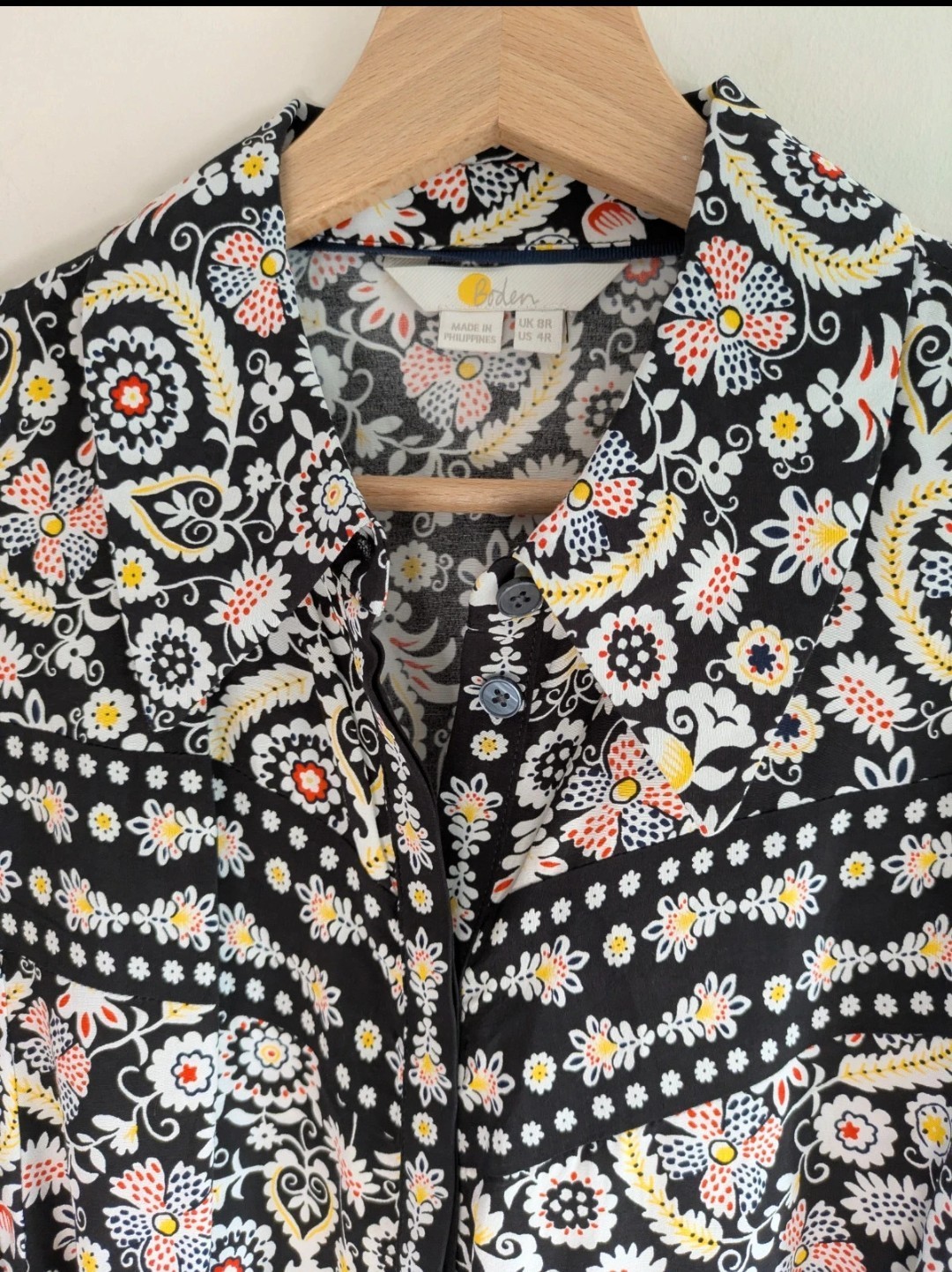 Boden UK 8 Paisley Coloured Mini Shirt Dress Floral Tie Waist Long Sleeve Black