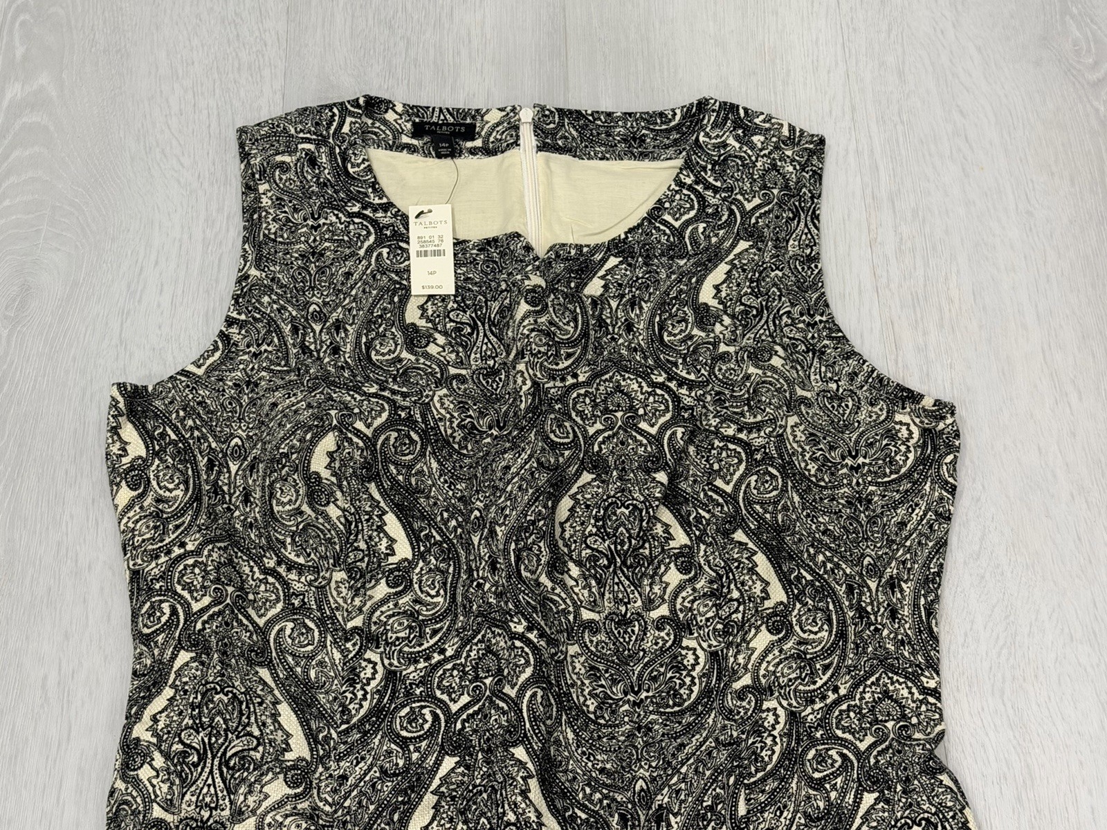 Talbots NEW $139 Sz 14P Cotton Ble Sheath Shift Dress Lined Paisley Black White