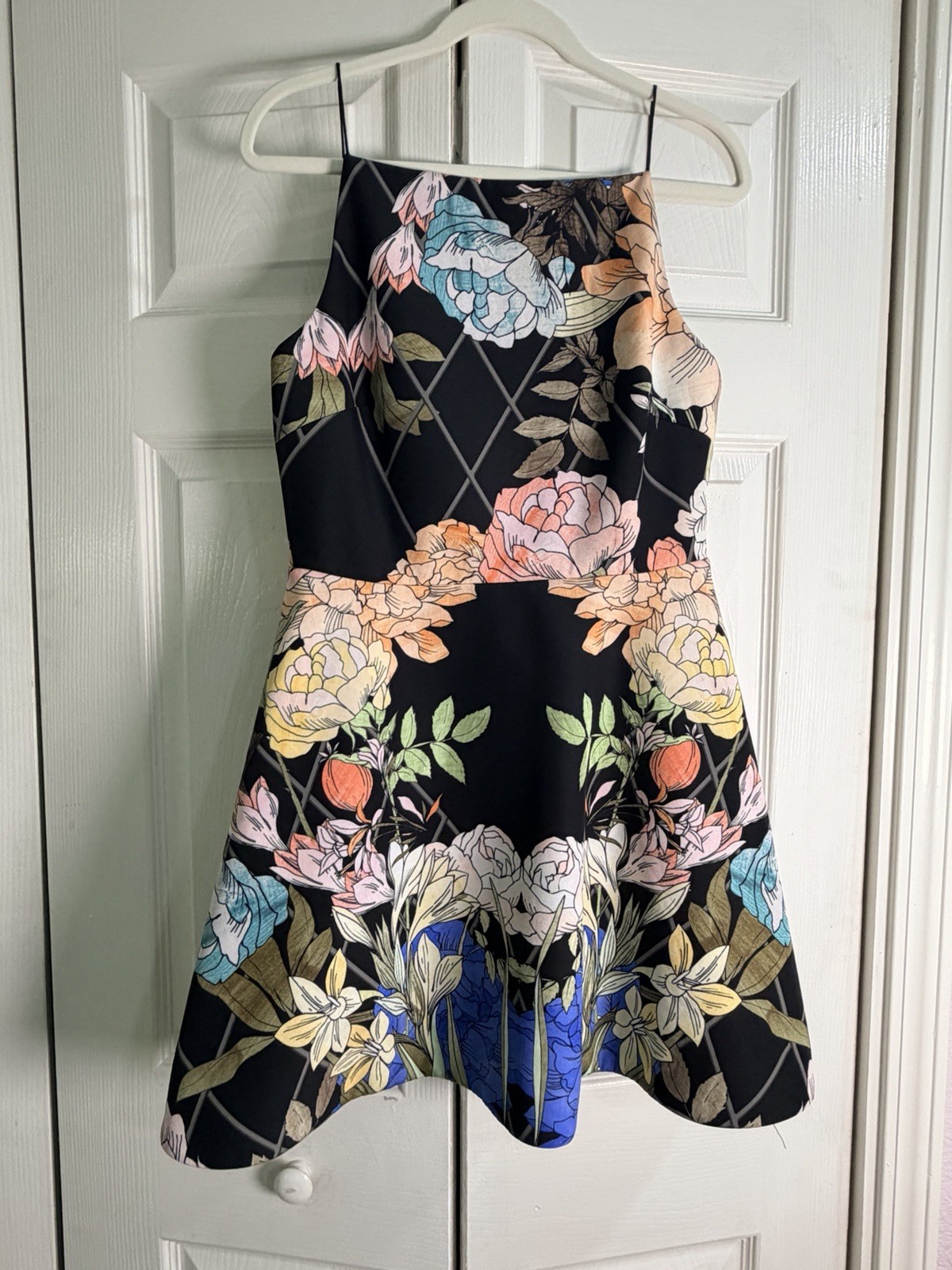 Keepsake High-Neck Fit + Flare Dress, Floral Stretch A Line Mini Skirt Sz large