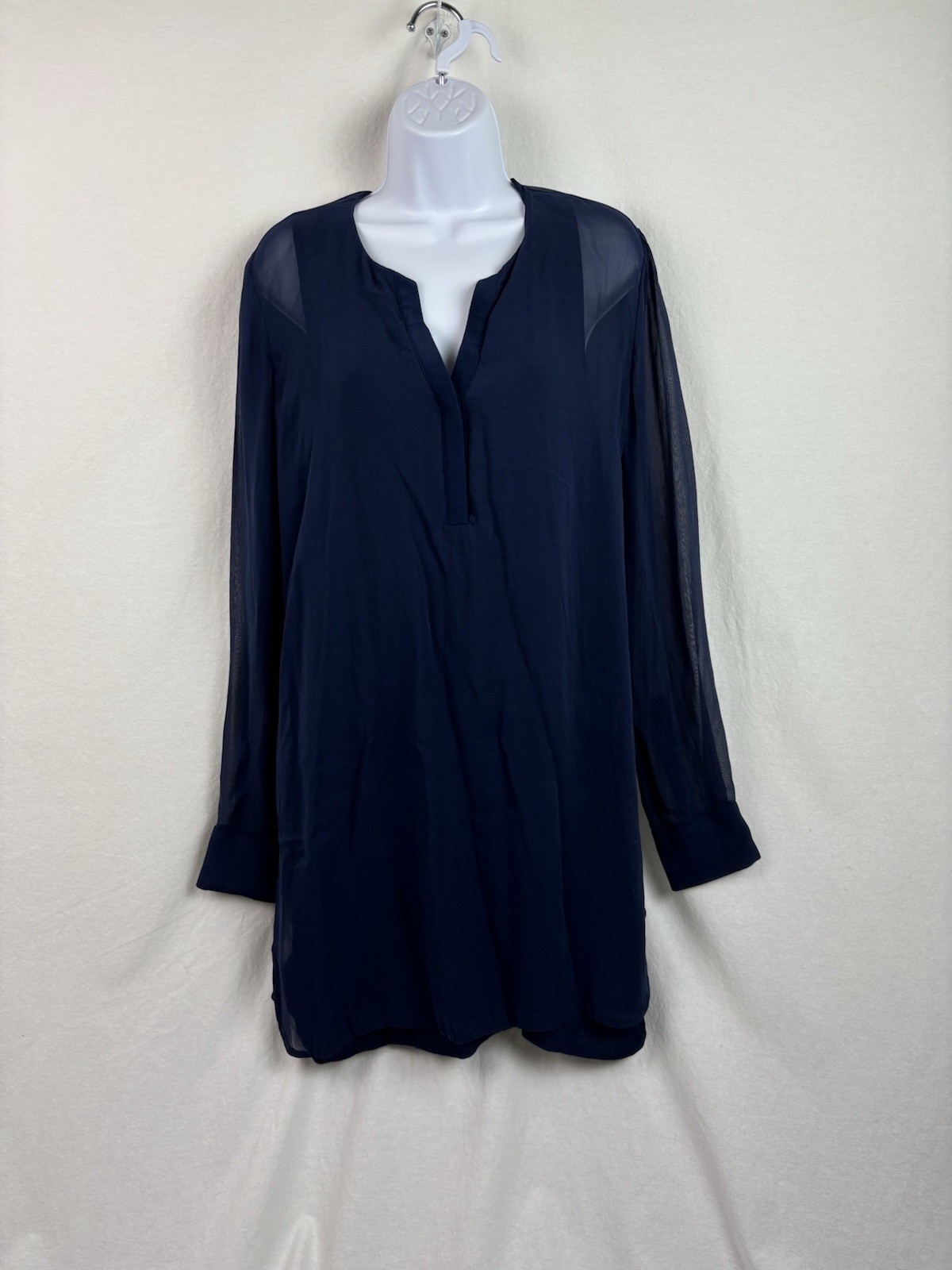 VINCE Dress 100% Silk Navy Blue Lined Sheer Cuffed Sleeves Cocktail MOB 12