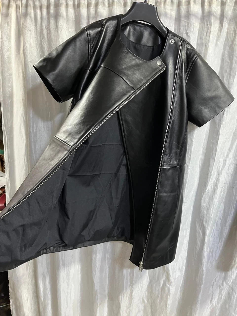 Womens Black Zipper Motorcycle Leather Dress. Real Sheepskin Slim Fit Long Dress