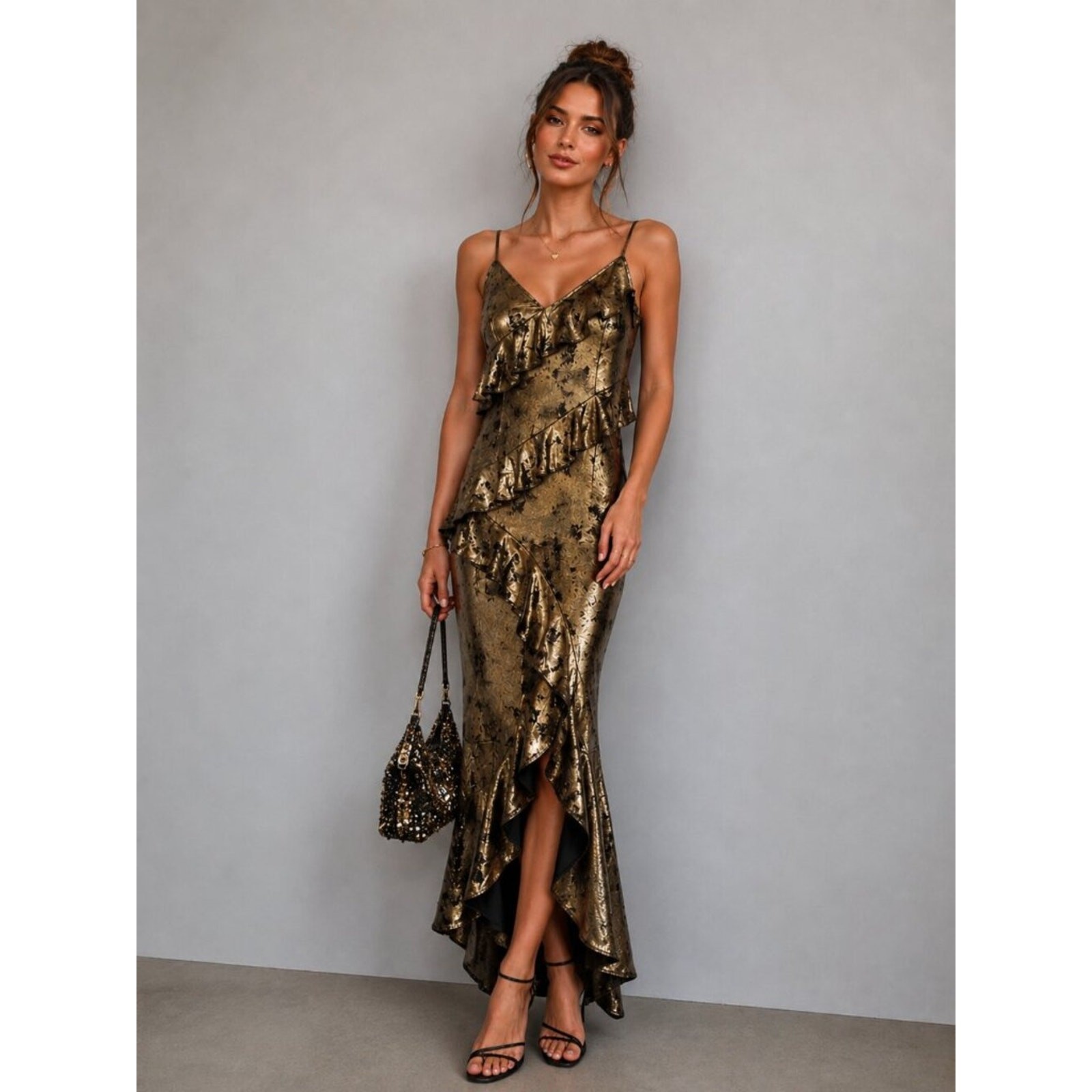 Miss Selfridge Y2K Asymmetrical Maxi Slip Dress 4 Metallic Gold Ruffle Cocktail