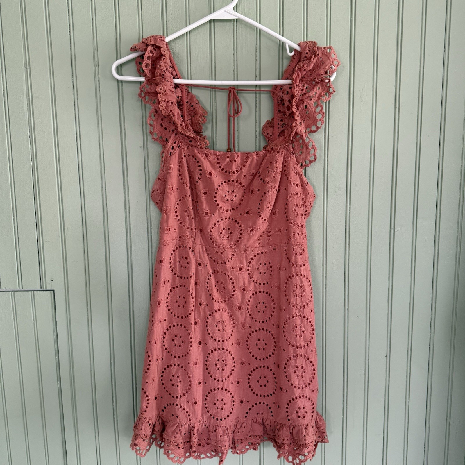 Saints + Secrets Burnt Orange Ruffle Mini Sun Dress Small Embroidered Eyelet