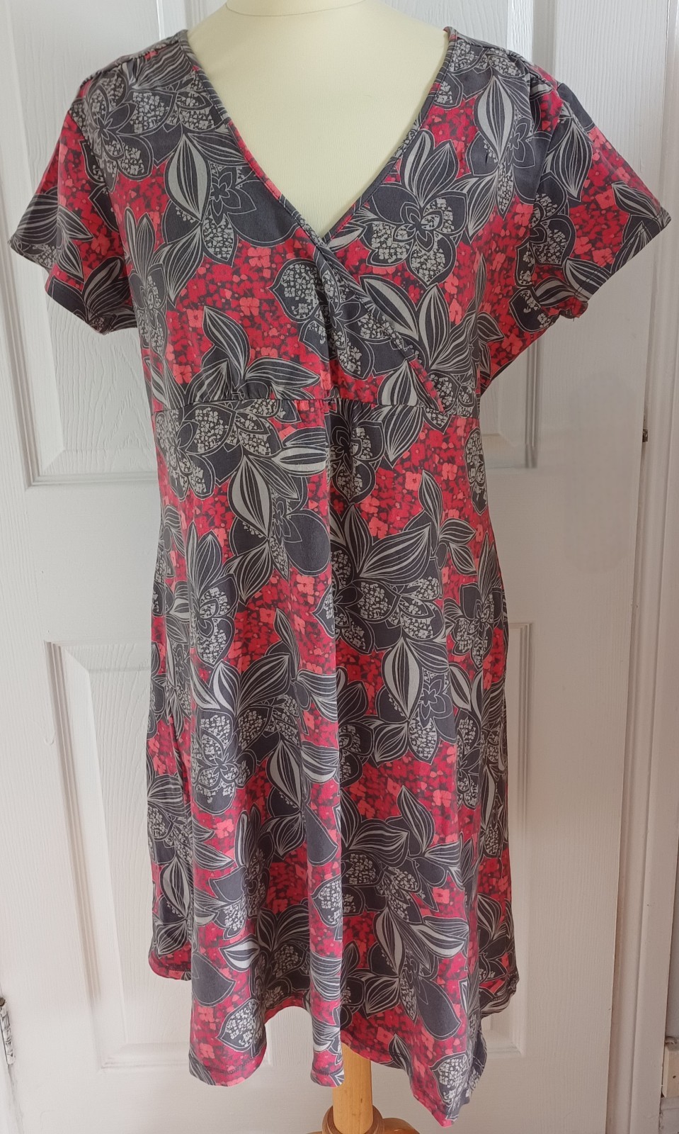 Mantaray Dress UK16 Grey & Red Jersey Wrap Stretch Cotton Elastane Knee Length