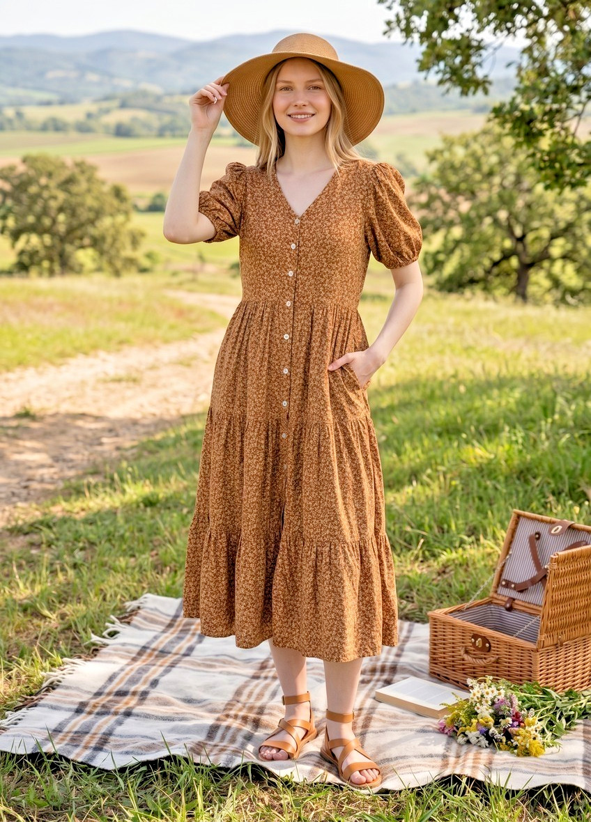 LIVY & KATE Brown/Beige Floral V-Neck Puff Sleeve Midi Dress XS
