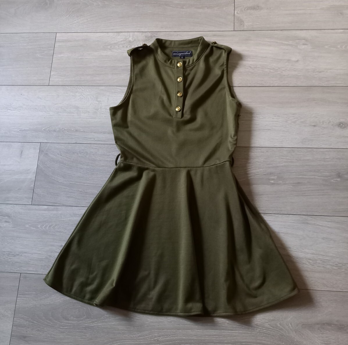 Missguided Khaki Green Stretch Flared Dress Utility Casual Feature Buttons UK10