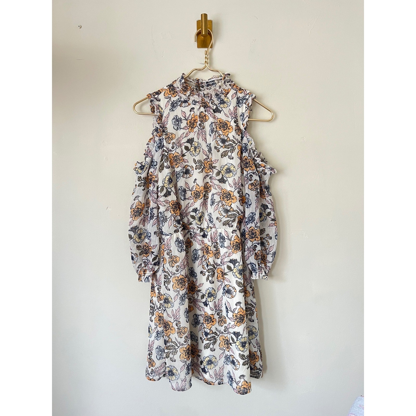 Eyeshadow Floral Cold Shoulder Mini Dress White Orange Blue Mock Neck Large