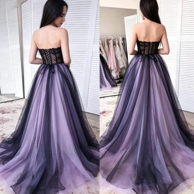 Purple Black Gothic Wedding Dress Strapless Lace A-line Tight Corset Ball Gown