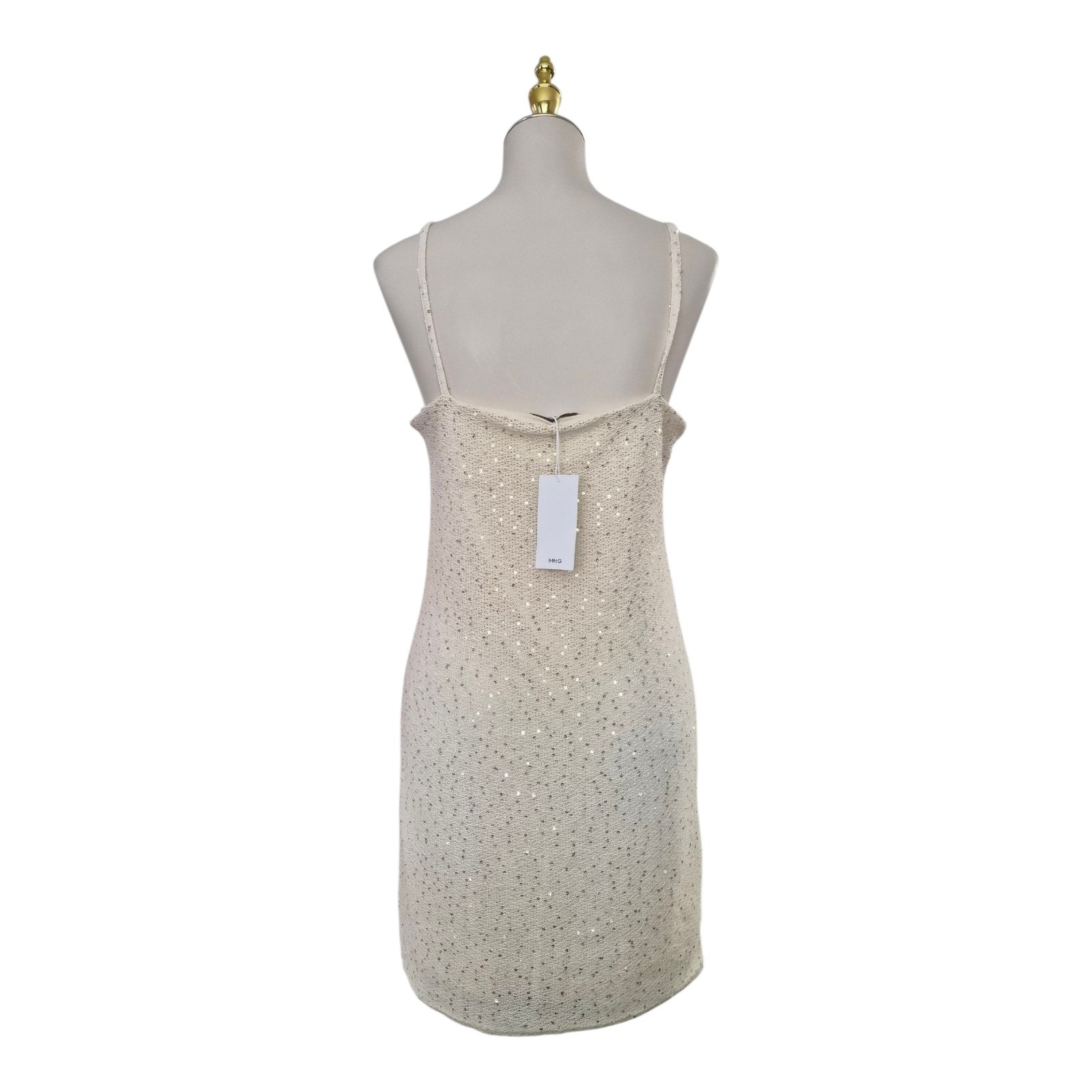 MANGO Sequin Knit Mini Dress Light Beige Women’s Size L Sleeveless Scoop Neck…