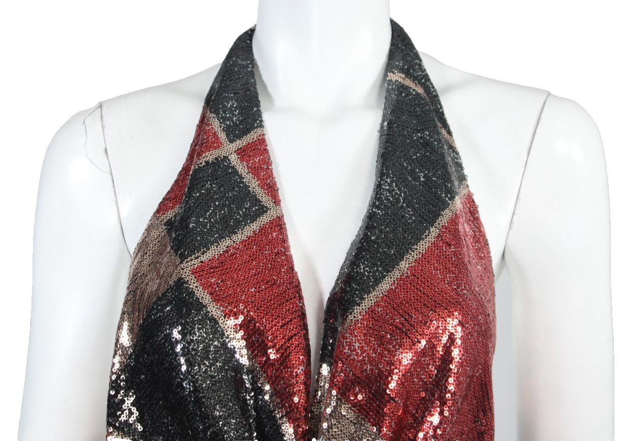 HALPERN Red, Black & Gold Argyle Sequined Halter Neck Sleeveless Dress 36