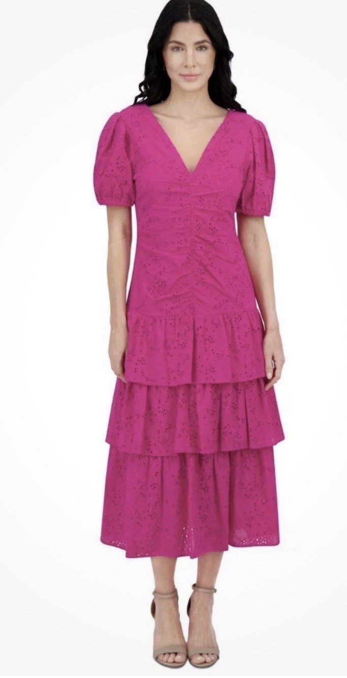 kensie Embroidered Layered Puff-Sleeve Maxi Dress Women’s 12 Hot Pink Back Zip
