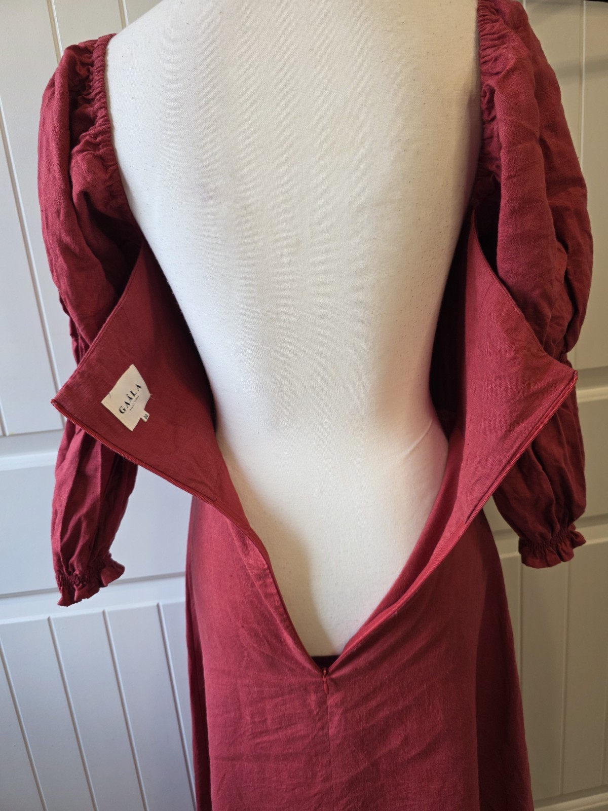 GAÂLA Paris Minsk 100% Linen Puff Sleeve Midi Dress Burgundy Size 36 EU Us 4