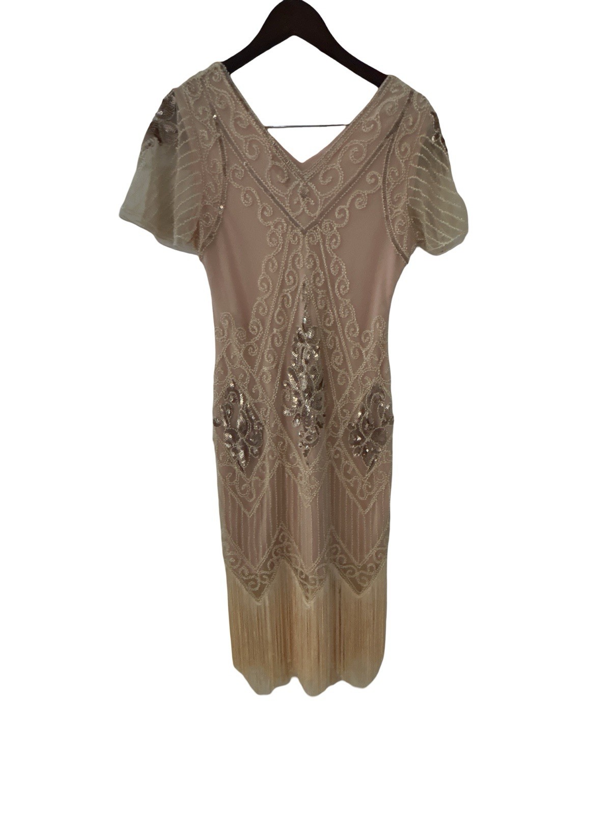 PrettyGuide Rose Gold Sequin Fringe Flapper Dress V-Neck Midi Size M Great Gatsb