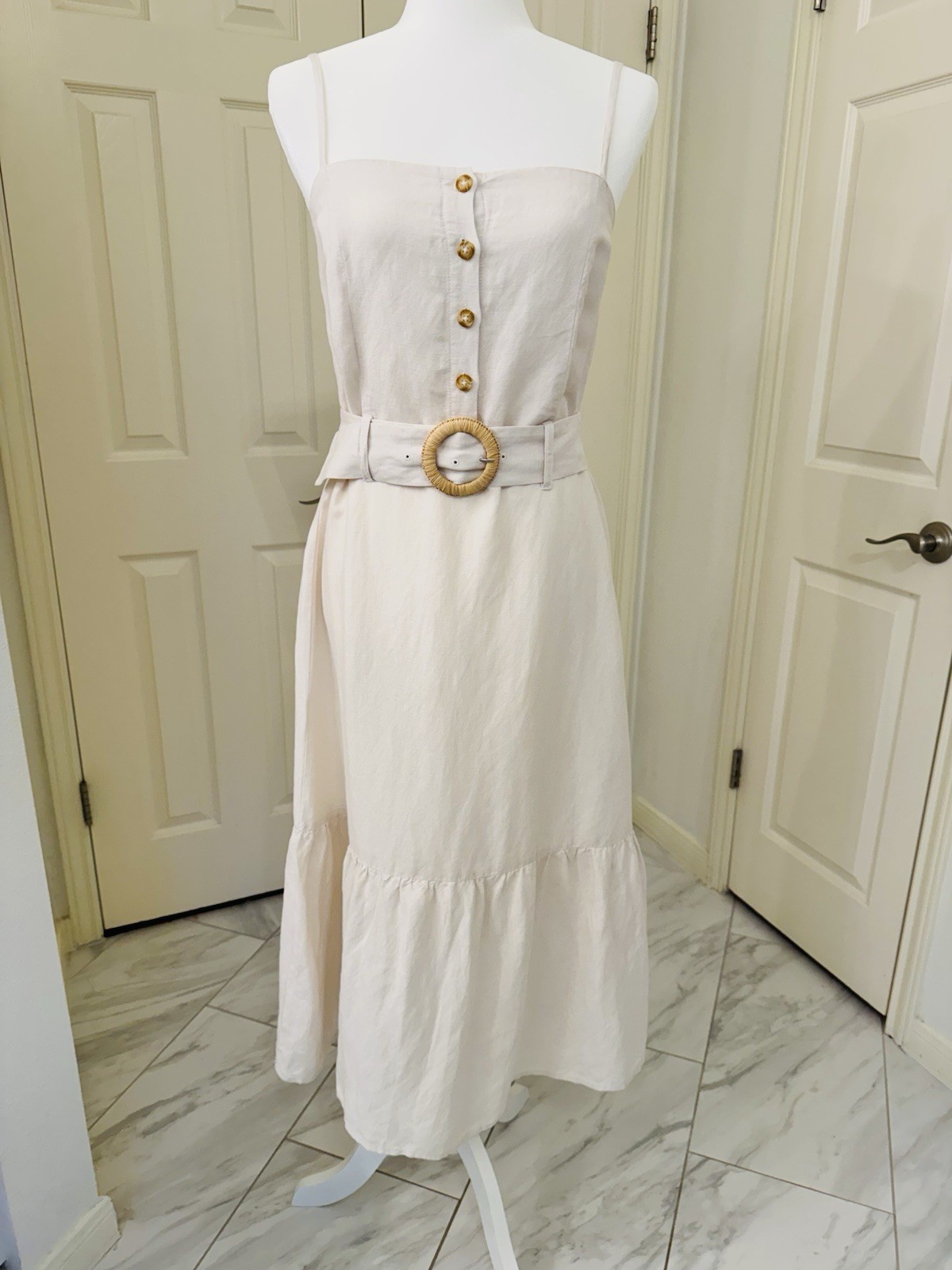 Rails Astrid Dress Stone Linen Rayon Blend Midi Button Front Belted Size Medium
