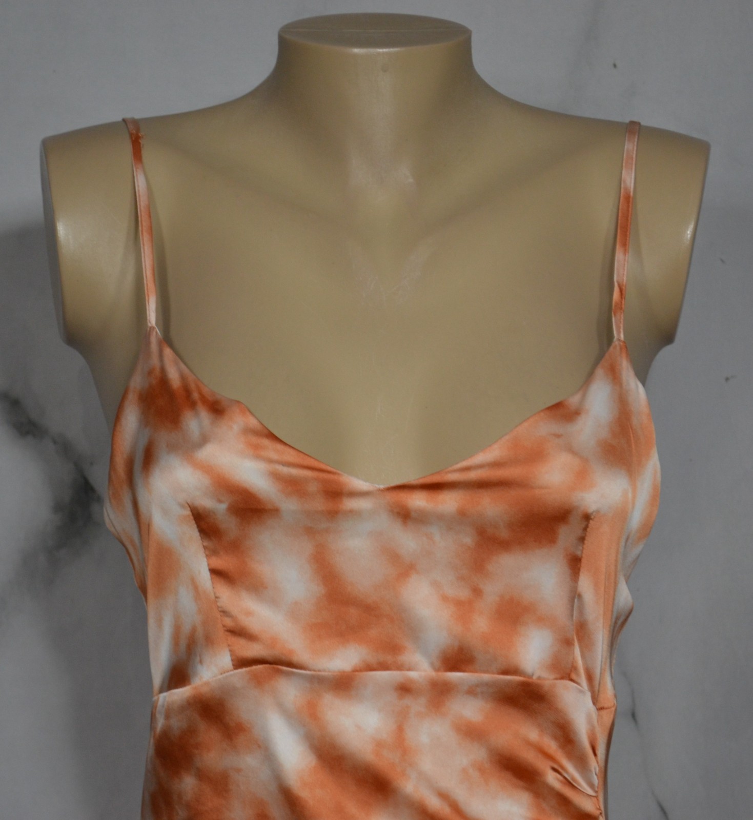 FOREVER 21 Beige Rust Marbled Slip Dress Small Spaghetti Strap Lined Ruched Seam