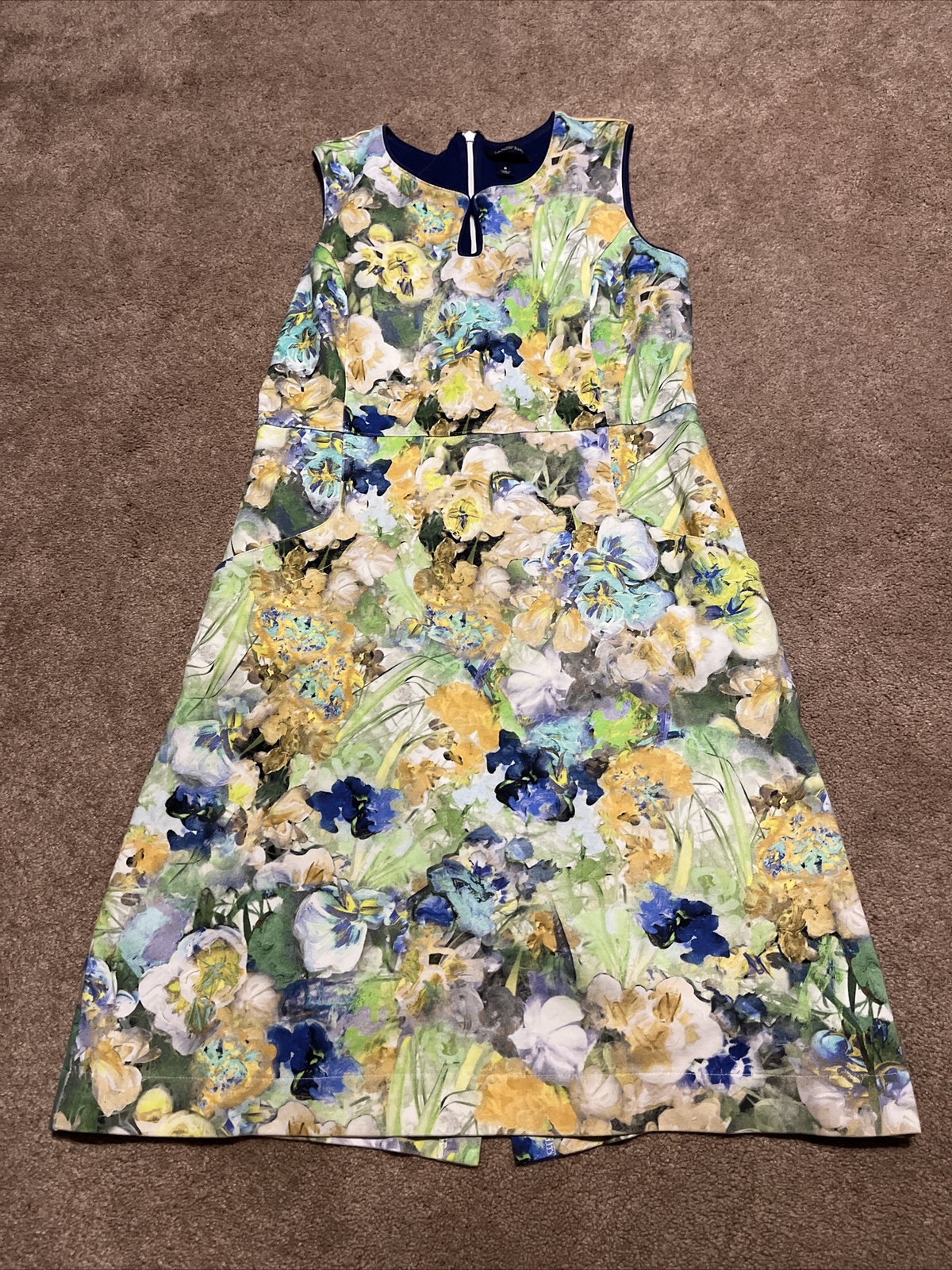 Womens Lands End Blue Yellow Green Floral Sheath Dress Size 6 Sleeveless