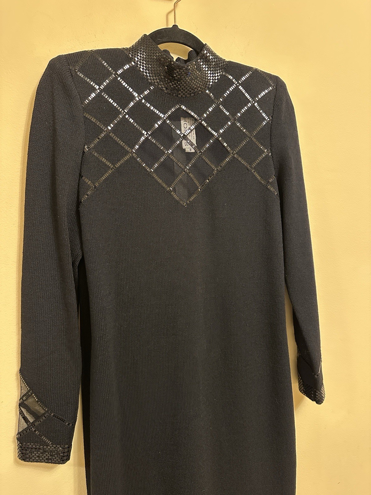 St. John Evening Black Santa Knit Dress Sequins Mesh Pailletes 8