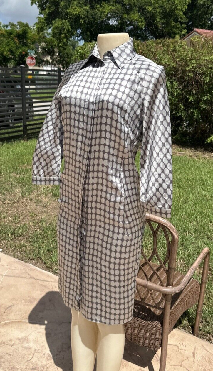 MALO GRAYS SILK PRINT BUTTON FRONT 3/4 SLEEVES CASUAL DRESS Sz 40 MADE IN ITALY