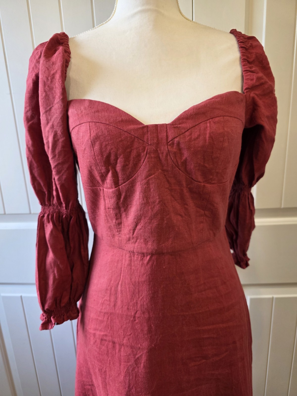 GAÂLA Paris Minsk 100% Linen Puff Sleeve Midi Dress Burgundy Size 36 EU Us 4