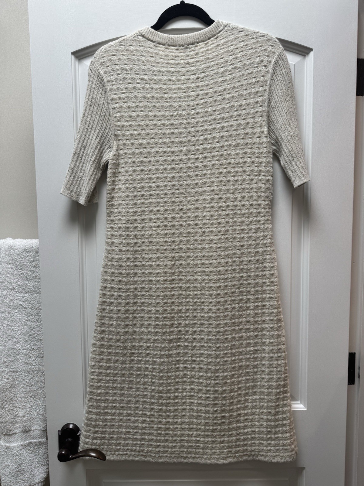 CHANEL Beige Wool Knit Button Front Pocket Knee Dress Half Sleeve Size 40