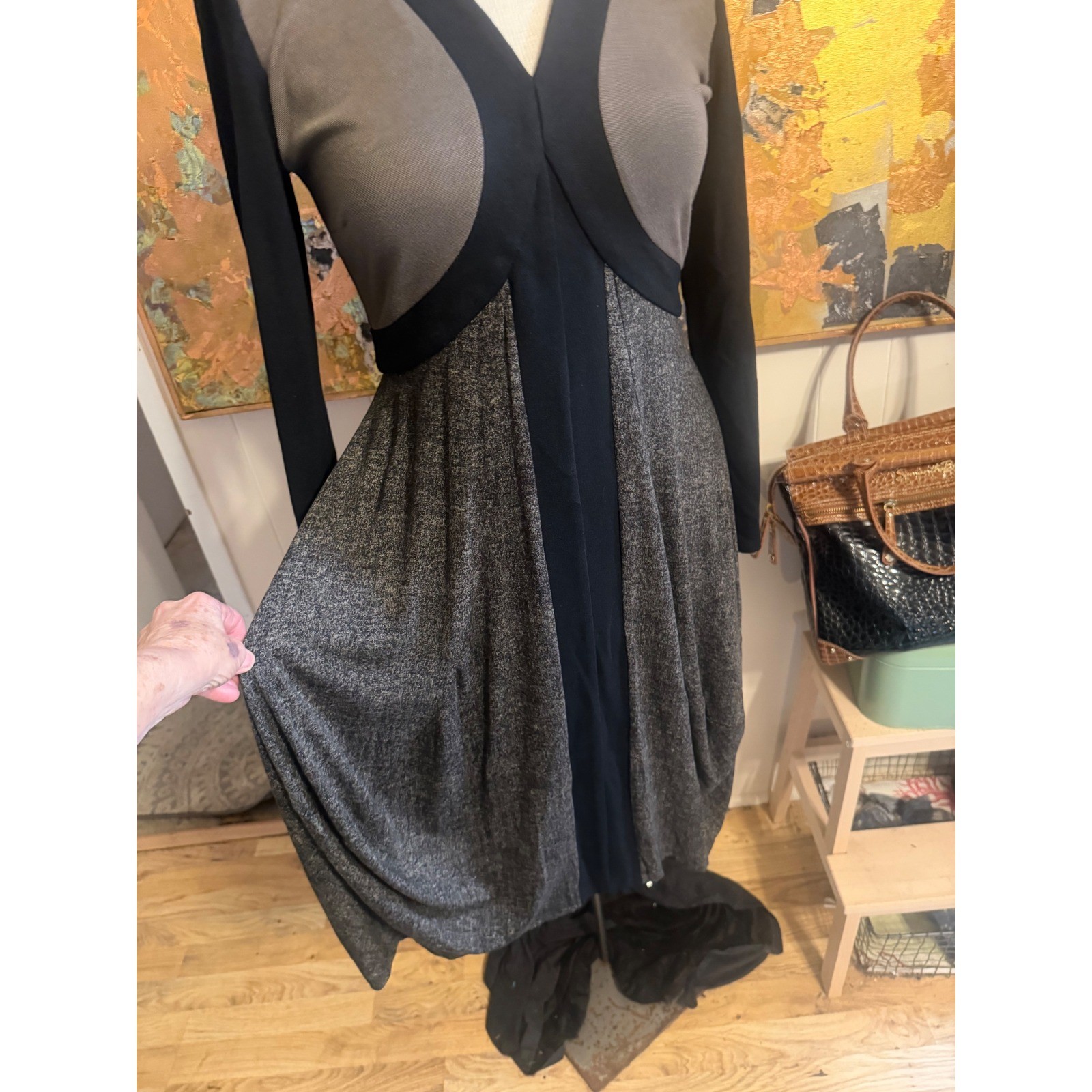 RARE Ronen Chen Israel Stretchy Earth Toned V-Neck Midi Dress Tulip Skirt L
