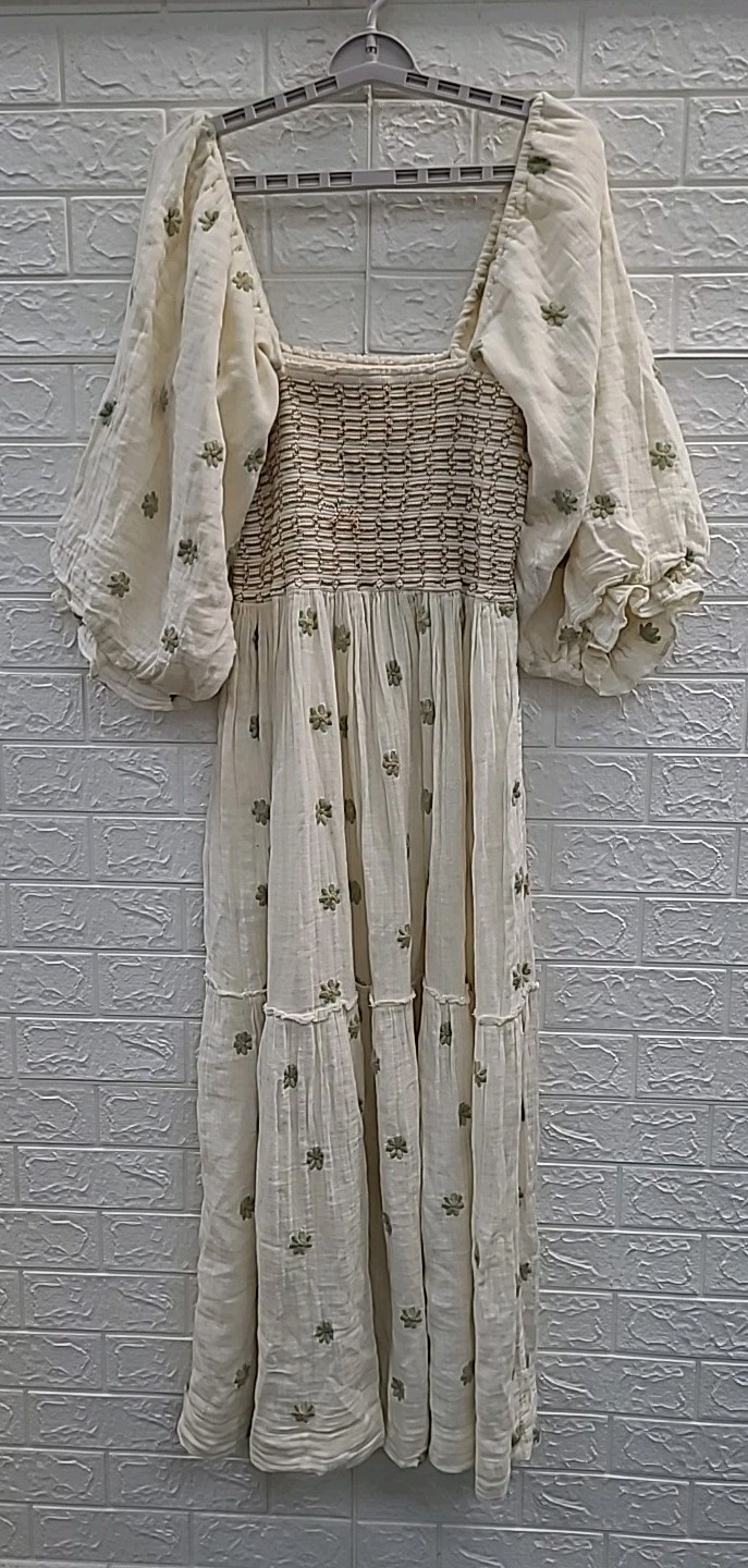 Pre-owned Free People Dahlia Embroidered Tiered Maxi Dress Women’s US Size L