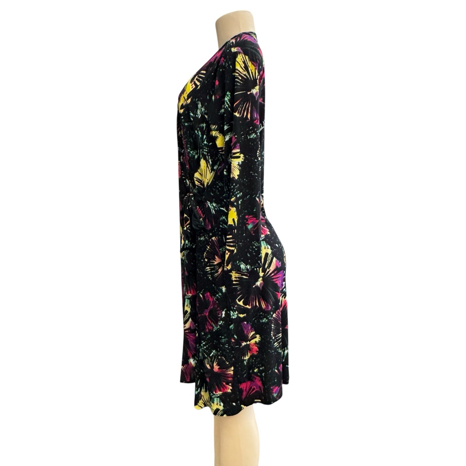NWOT BCBGMaxazria Adele Short Wrap Dress Black Multicolor Print NEW 3/4 Sleeve